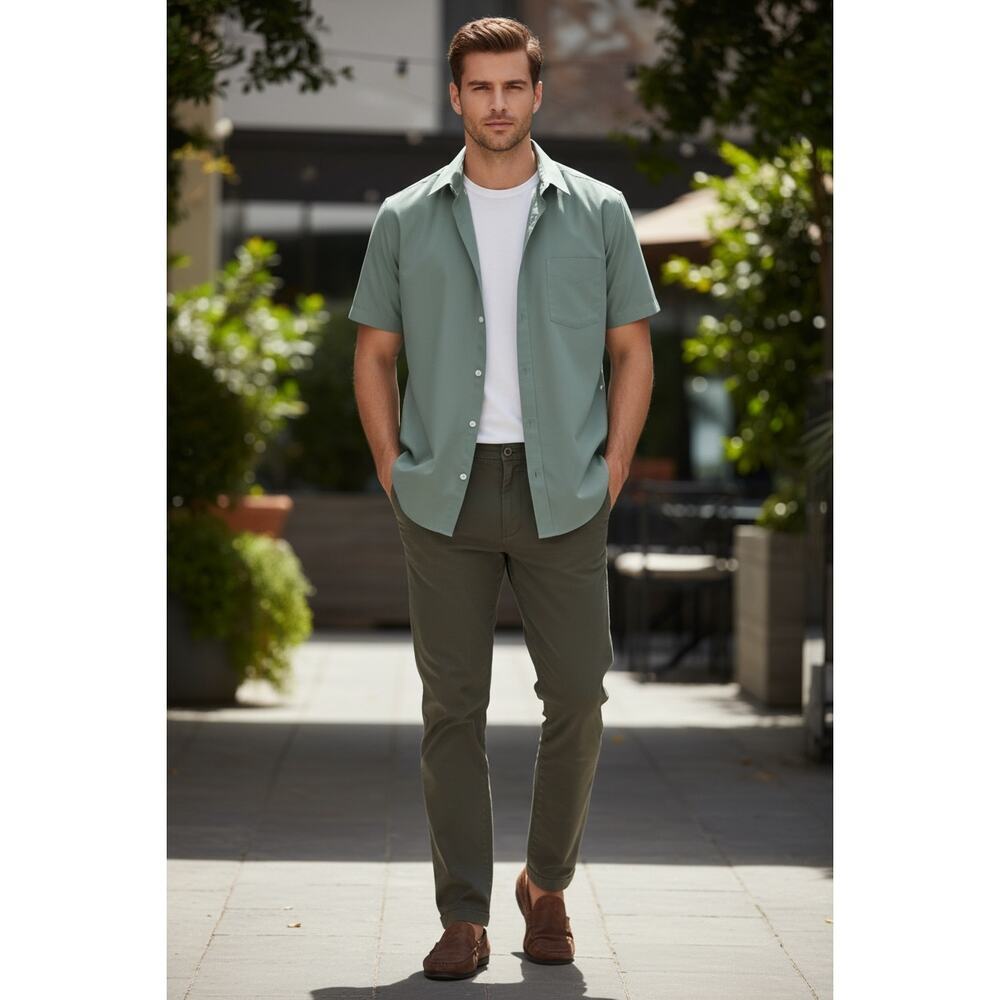 Vintage ENRO Classic Poplin Short Sleeve Button Up Shirt Sage Green